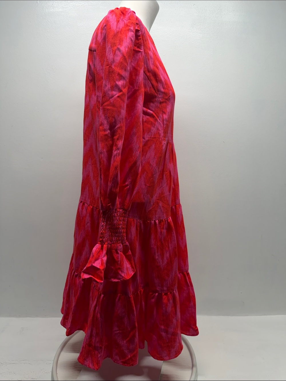 Pomander Place Kenzo Dress Mini Flare V Neck Tiered Ruffle Long Sleeve Pink XS - Picture 3 of 8